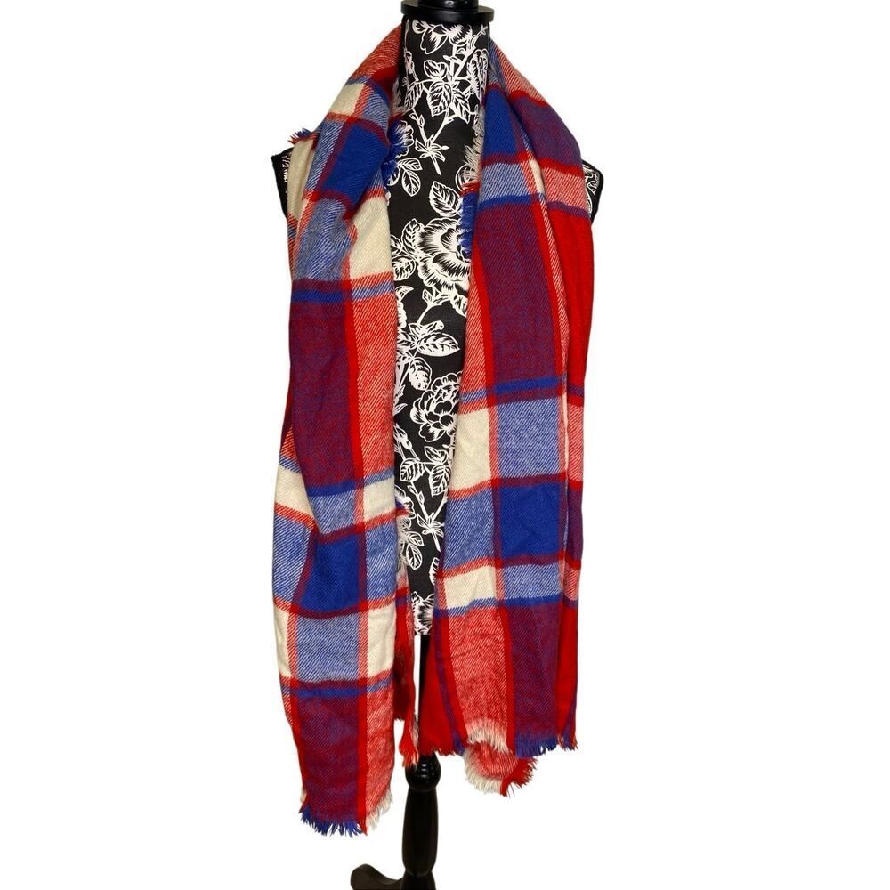Merona Plaid Blanket Scarf Red Blue White Fringe Oversized Wrap Shawl Cozy